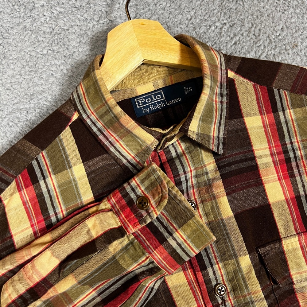 Polo Ralph Lauren Button Down Shirt Mens S Brown Excellent Plaid Elbow Patches